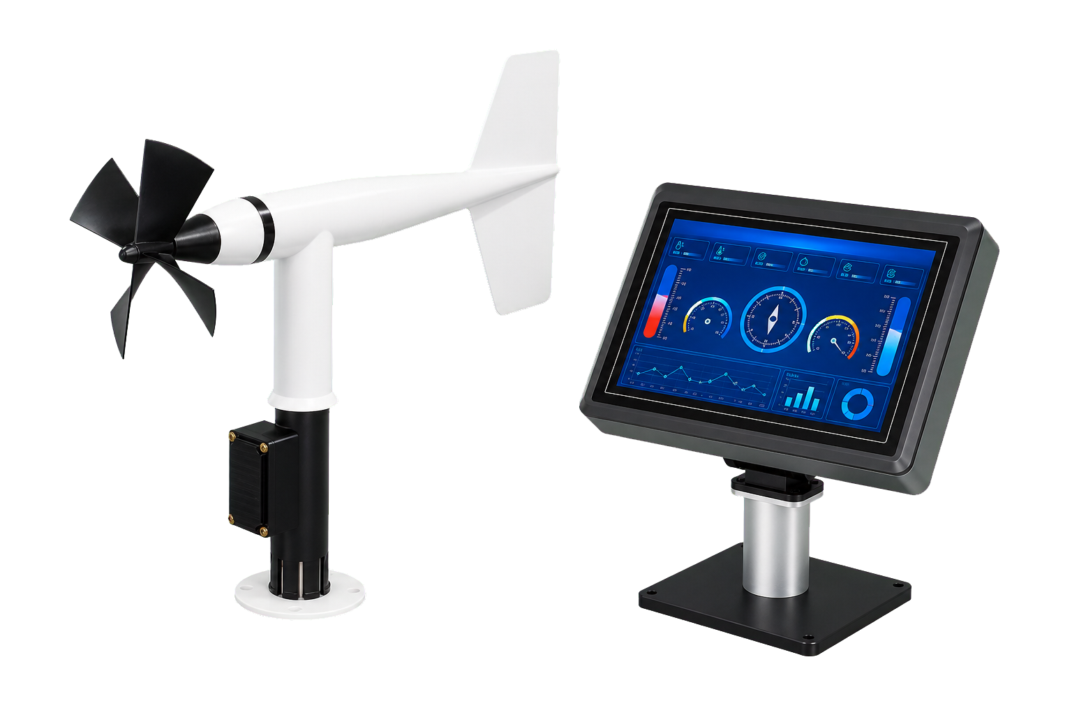 AeroSense-WS70 wind sensor with marine touchscreen display three-quarter left view