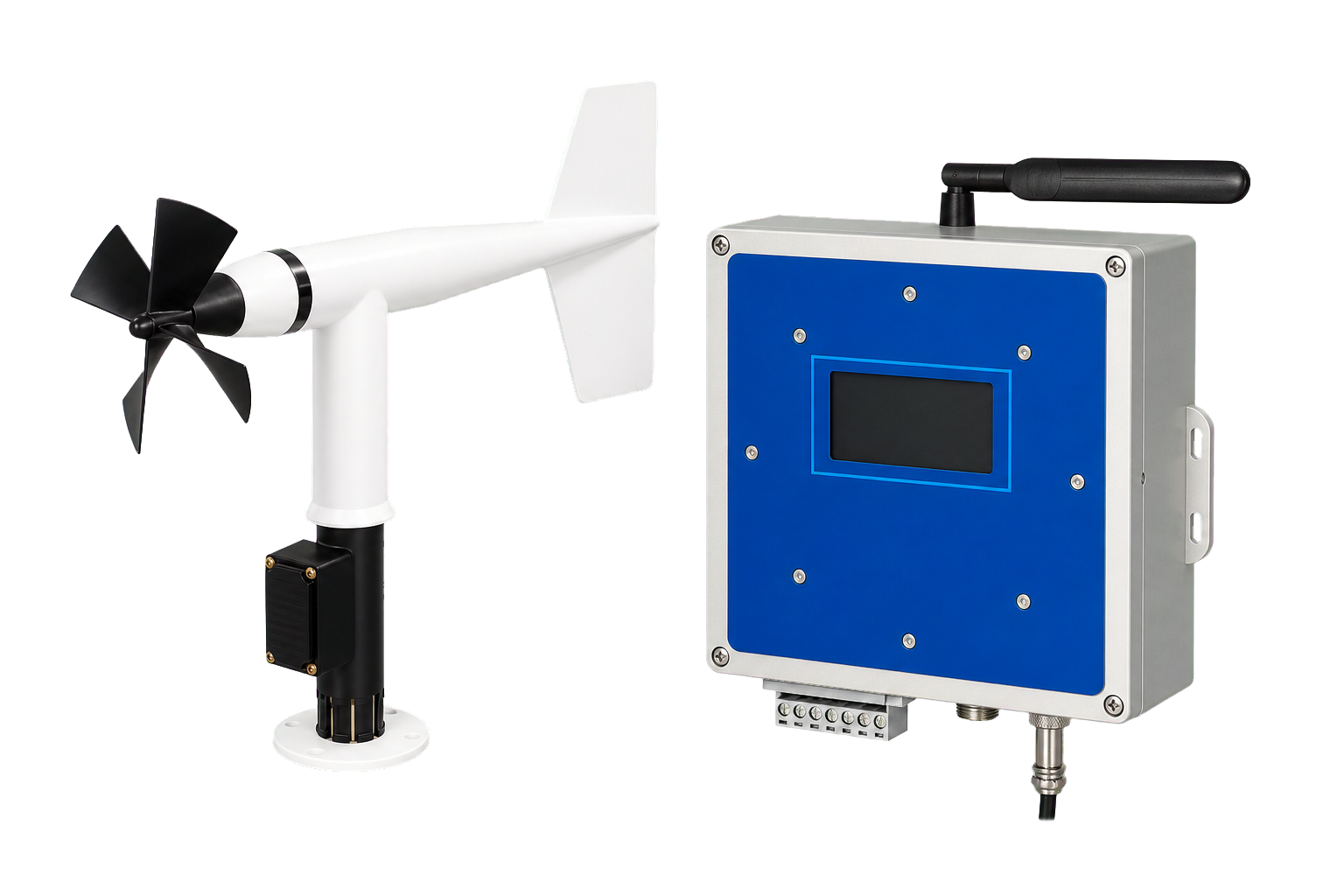 AeroSense-Mini60-L low-temperature wind sensor with AeroSense-Alert alarm controller three-quarter left view