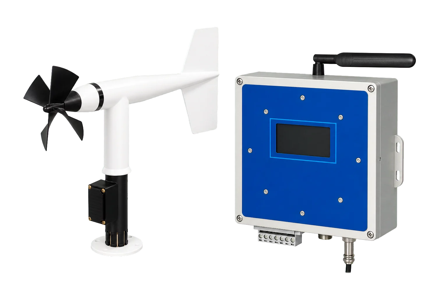 AeroSense-Mini60-L low-temperature wind sensor with AeroSense-Alert alarm controller three-quarter left view